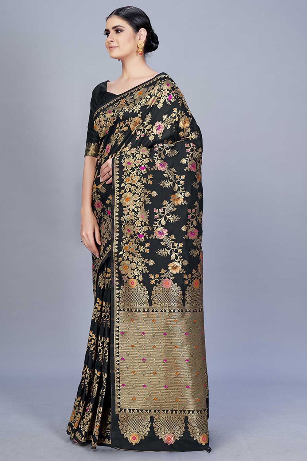 Buy Banarasi Art Silk Woven Saree in Black - Back