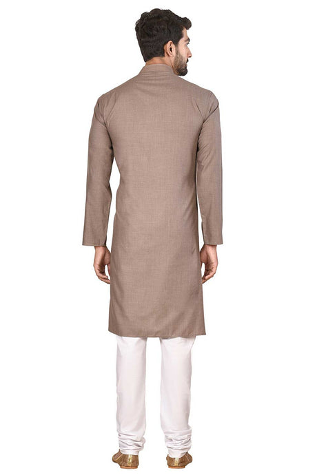 Men's Brown Cotton Embroidered Full Sleeve Kurta Churidar