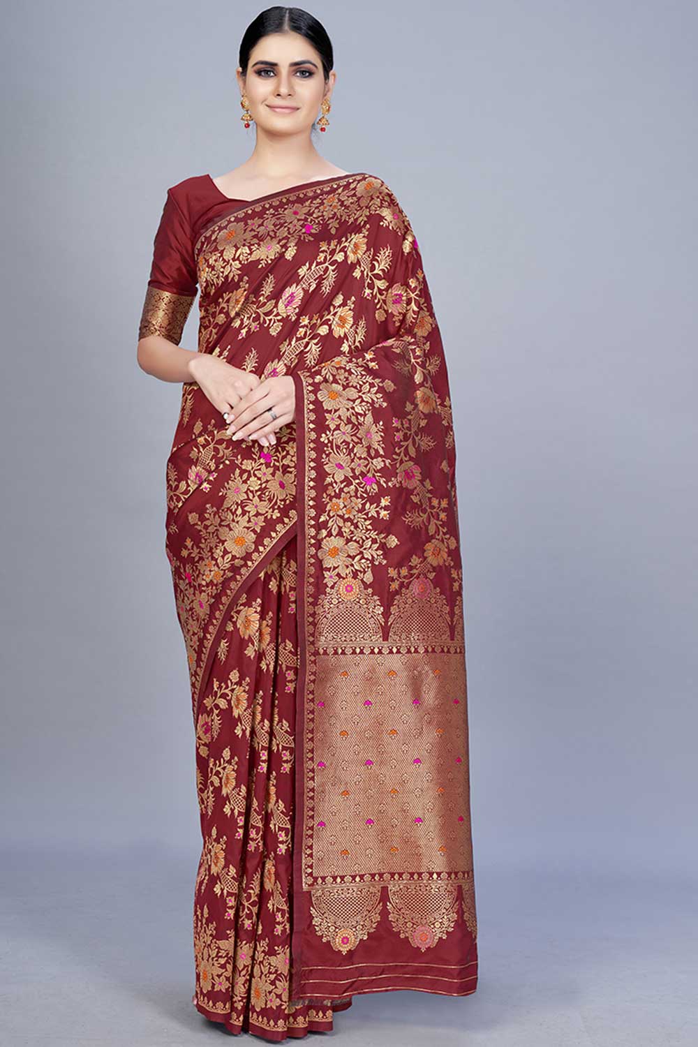 Buy Banarasi Art Silk Woven Saree in Maroon Online