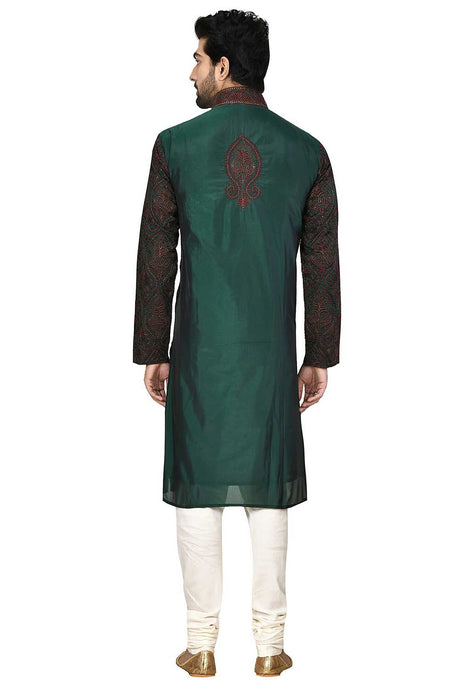 Men's Green Silk Embroidered Full Sleeve Kurta Churidar