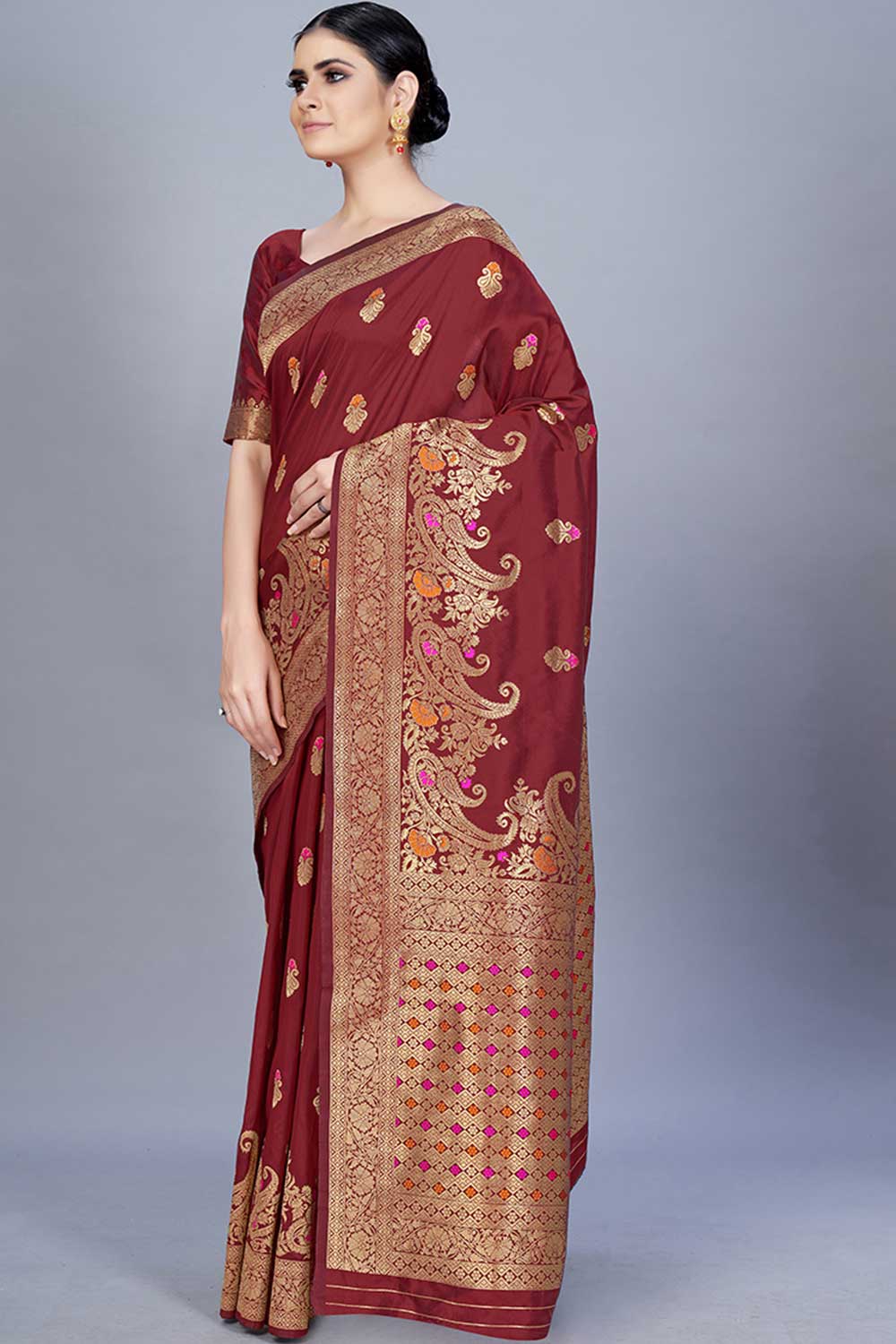 Buy Banarasi Art Silk Woven Saree in Maroon - Back