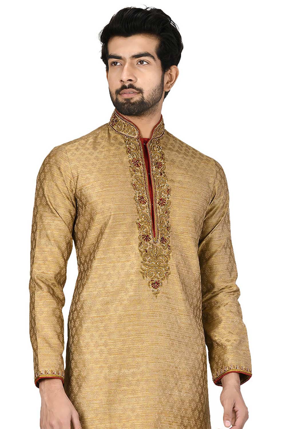 Men's Gold Silk Embroidered Full Sleeve Kurta Churidar