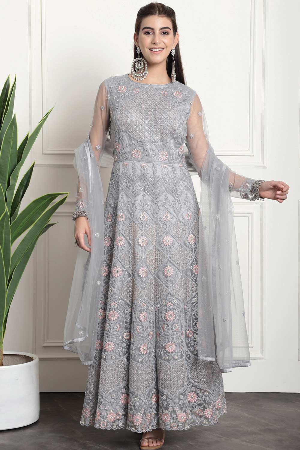 Grey Net Embroidered Gown Style