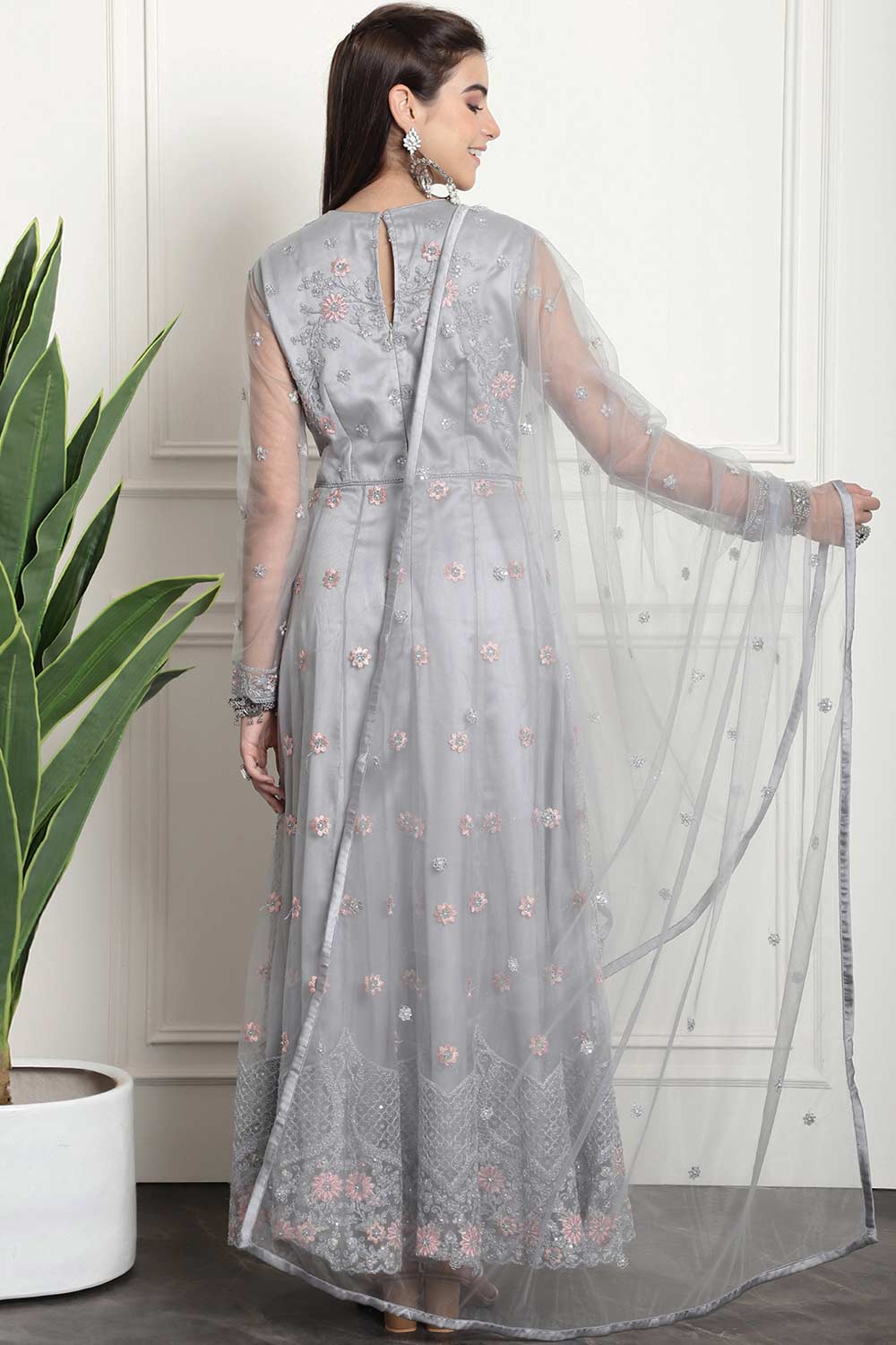 Grey Net Embroidered Gown Style