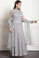 Grey Net Embroidered Gown Style