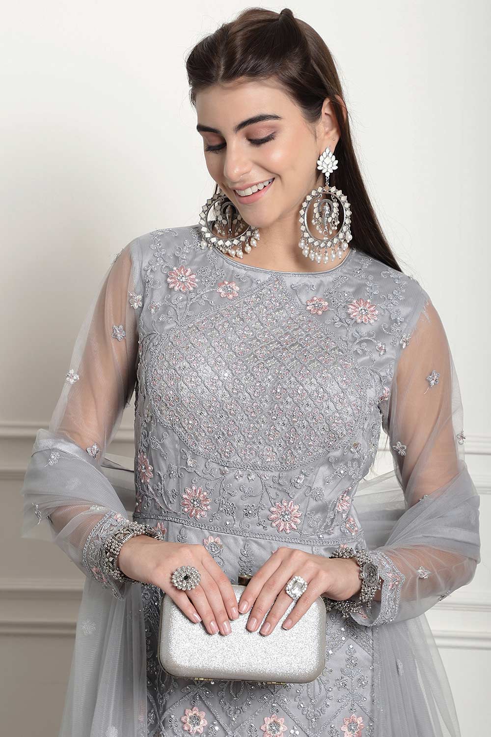 Grey Net Embroidered Gown Style