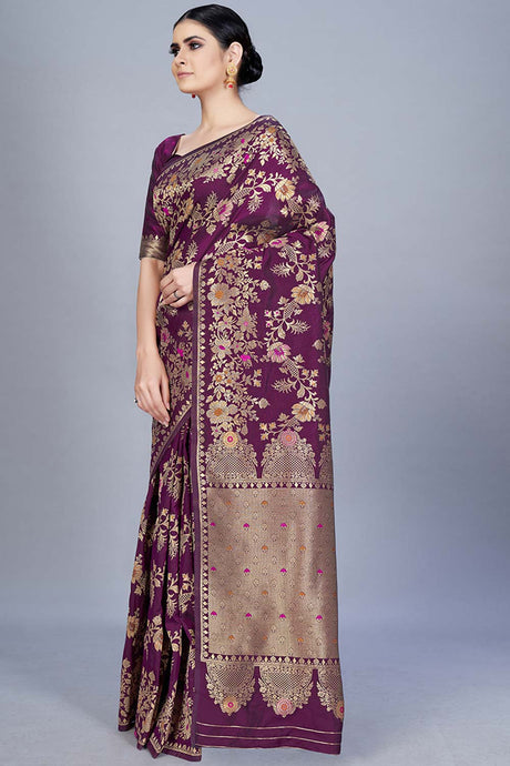 Buy Banarasi Art Silk Woven Saree in Wine - Back