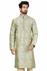 Men's Pista Green Cotton Embroidered Full Sleeve Kurta Churidar