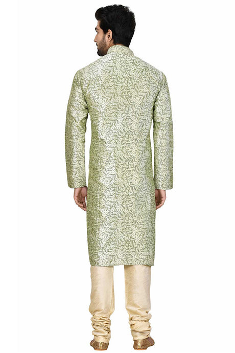 Men's Pista Green Cotton Embroidered Full Sleeve Kurta Churidar