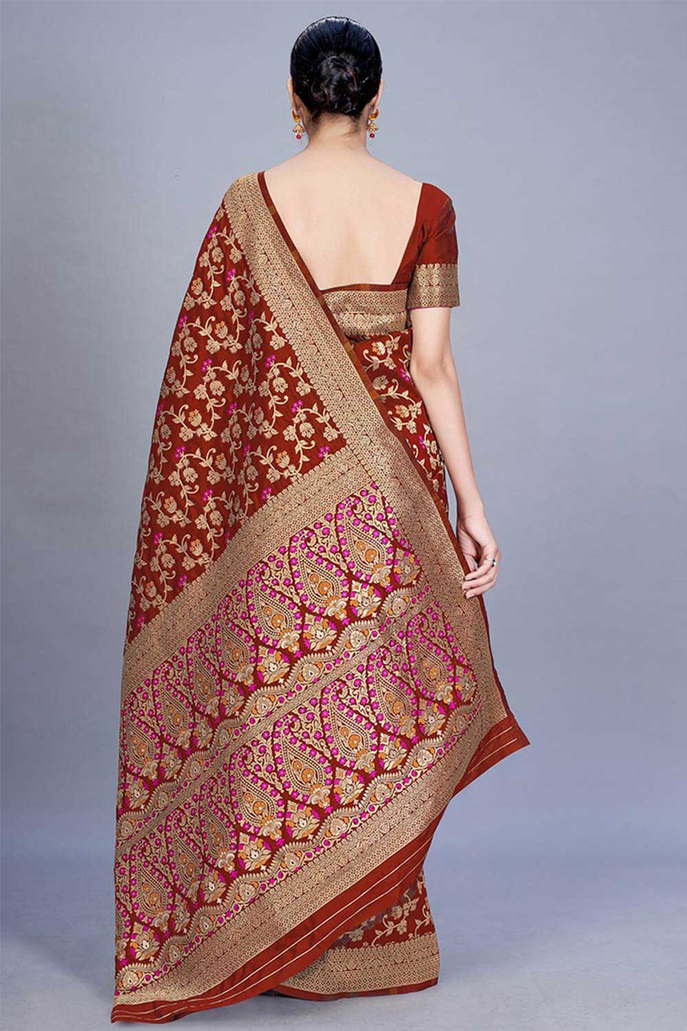 Buy Banarasi Art Silk Woven Saree in Maroon - Front