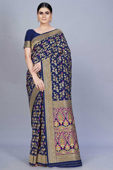 Buy Banarasi Art Silk Woven Saree in Navy Blue Online