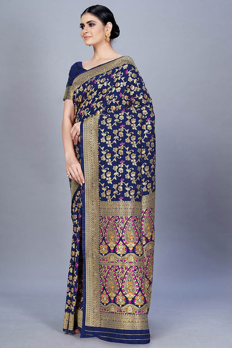 Buy Banarasi Art Silk Woven Saree in Navy Blue - Back