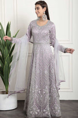 Purple Net Embroidered Gown Style