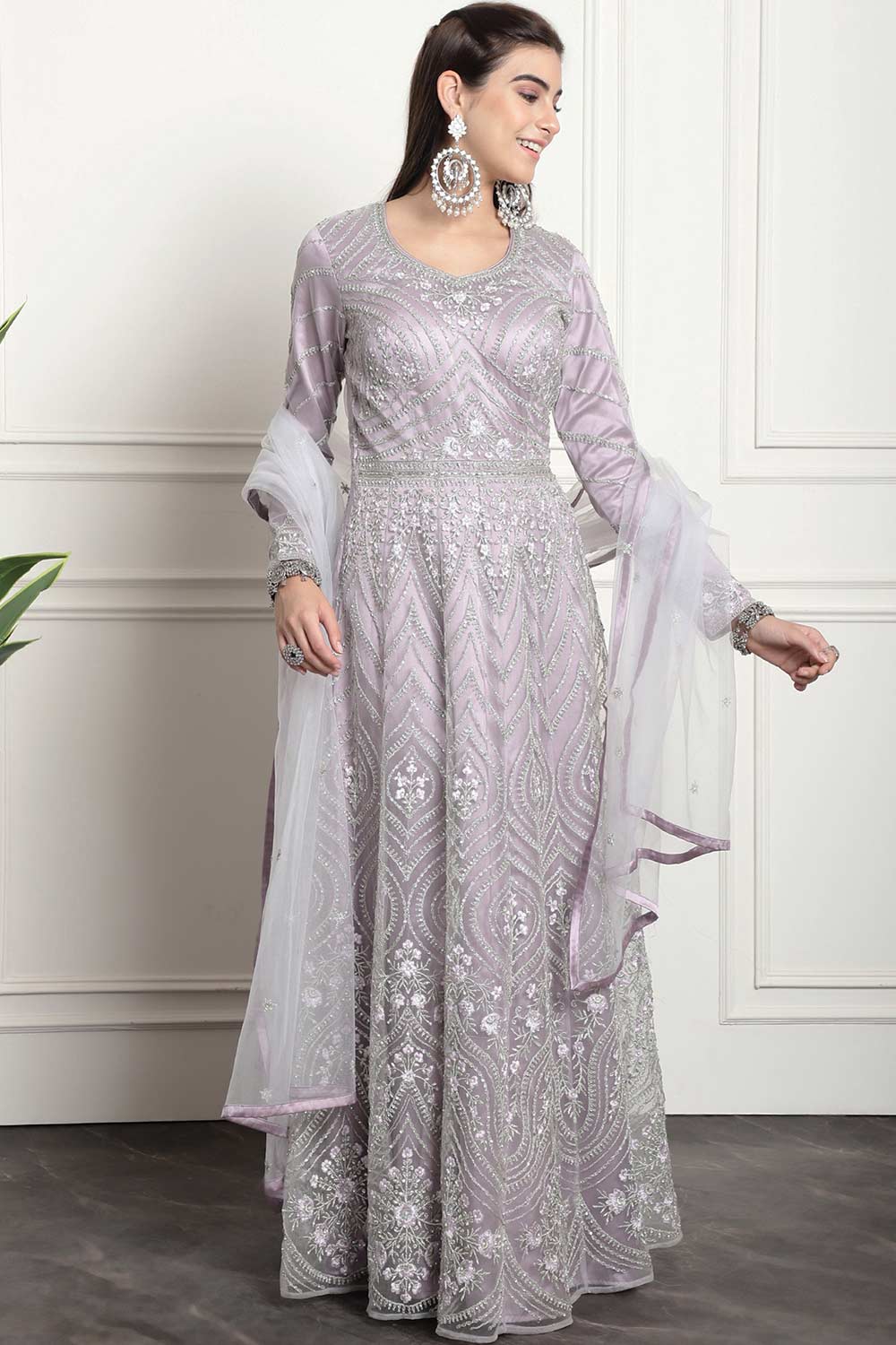 Purple Net Embroidered Gown Style