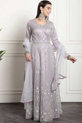 Purple Net Embroidered Gown Style