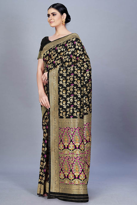 Buy Banarasi Art Silk Woven Saree in Black - Back
