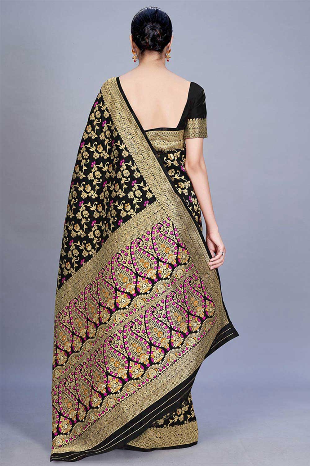 Buy Banarasi Art Silk Woven Saree in Black - Front