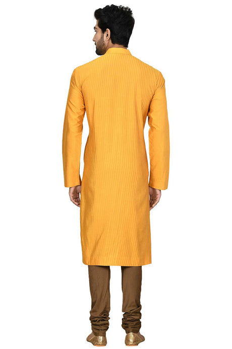 Men's Mustard Silk Embroidered Full Sleeve Kurta Churidar