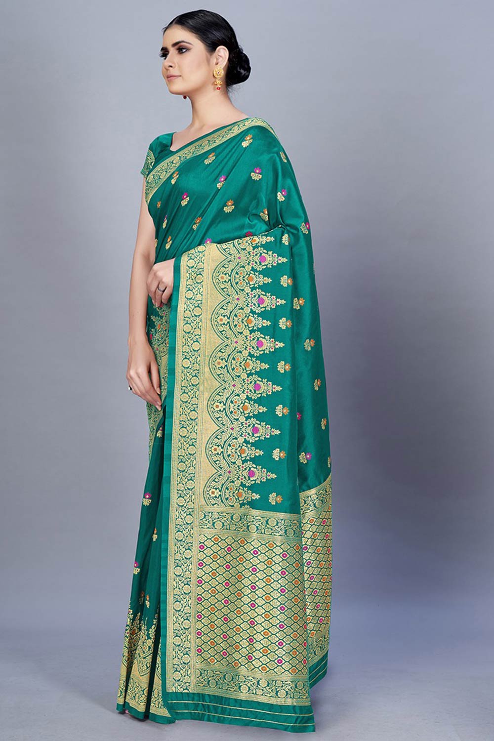 Buy Banarasi Art Silk Woven Saree in Teal - Back