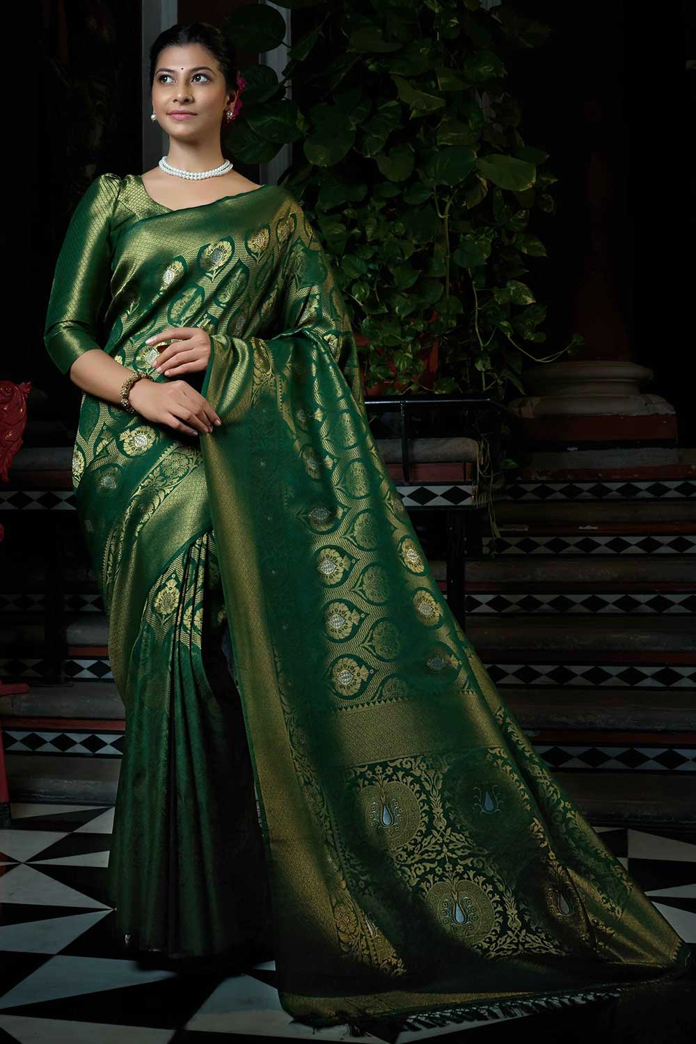 Dark Green Art Silk Woven Saree