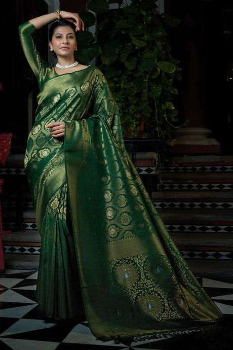 Dark Green Art Silk Woven Saree