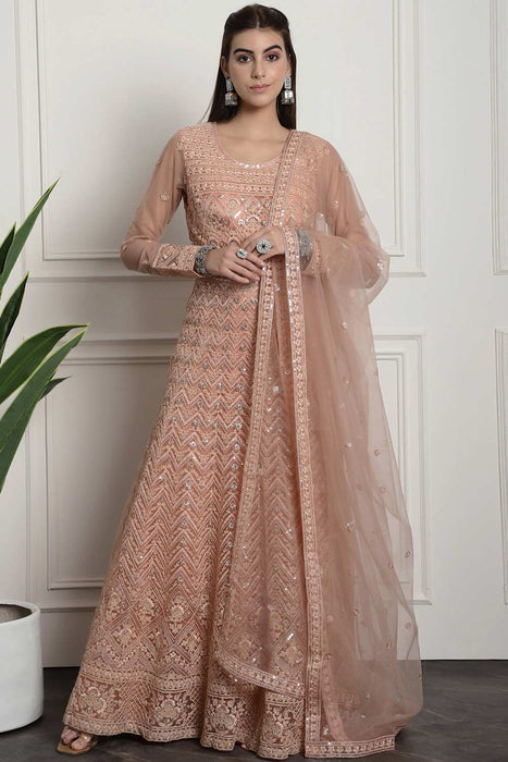 Peach Color Net Embroidered Gown