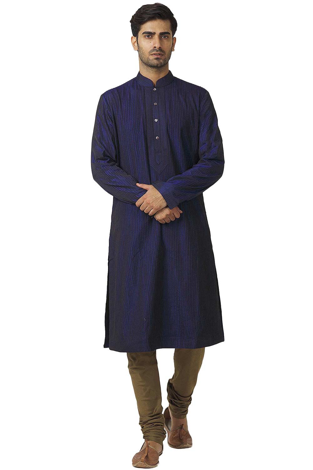 Men's Blue Cotton Embroidered Full Sleeve Kurta Churidar