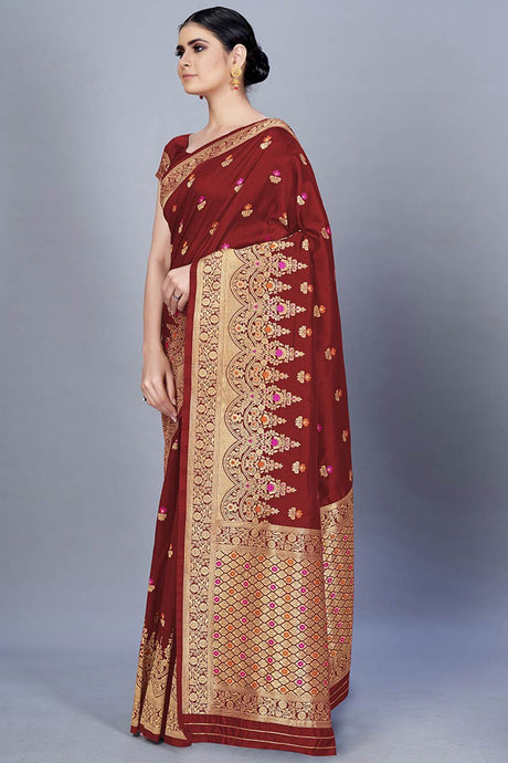 Buy Banarasi Art Silk Woven Saree in Maroon - Back