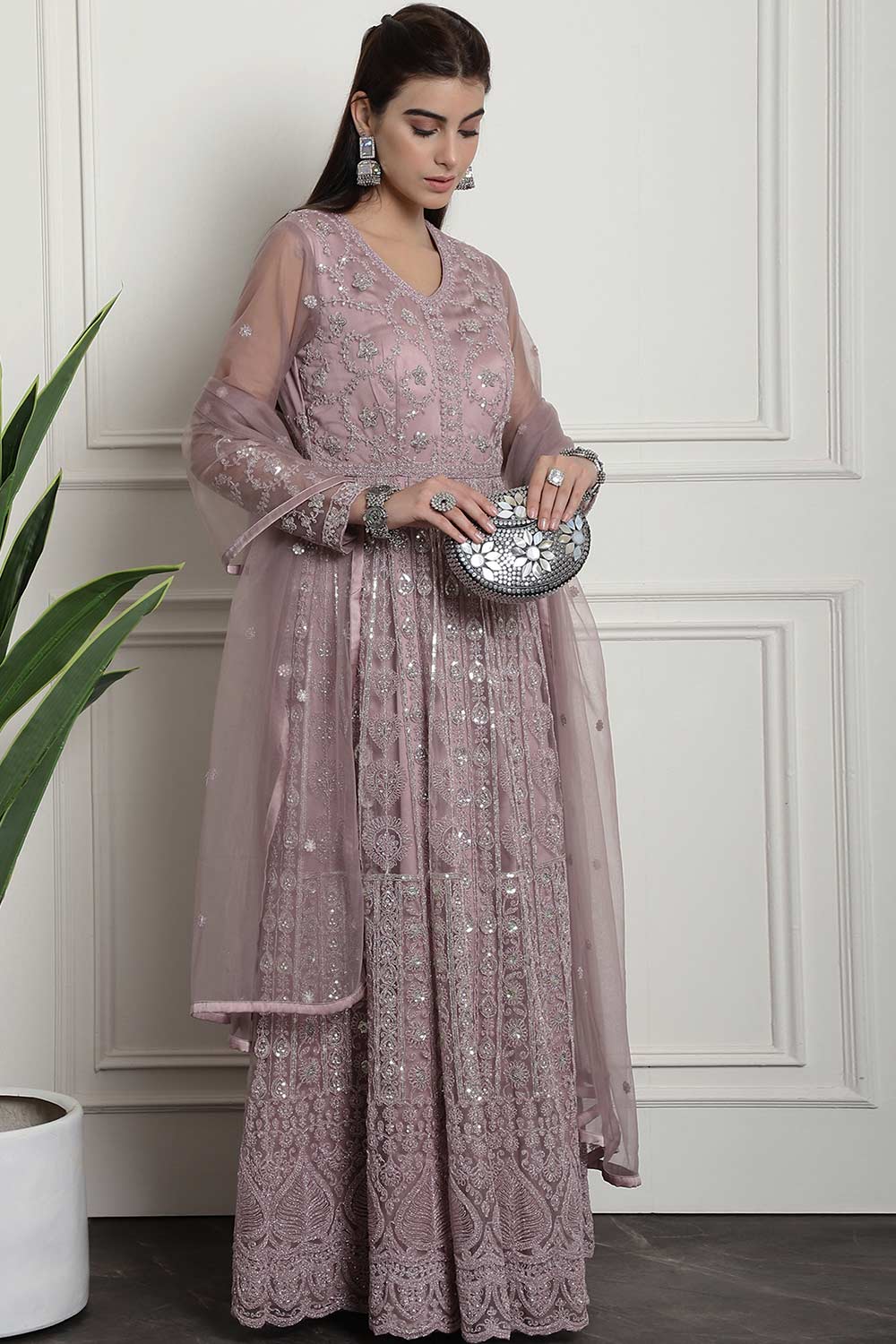 Purple Net Embroidered Gown Style