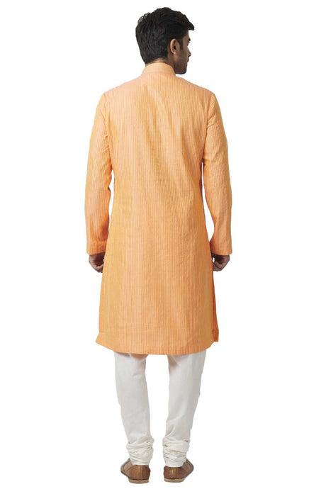 Men's Orange Silk Embroidered Full Sleeve Kurta Churidar