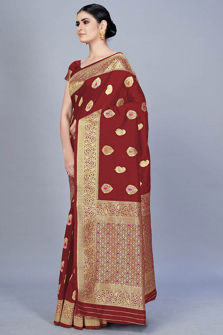 Buy Banarasi Art Silk Woven Saree in Maroon - Back