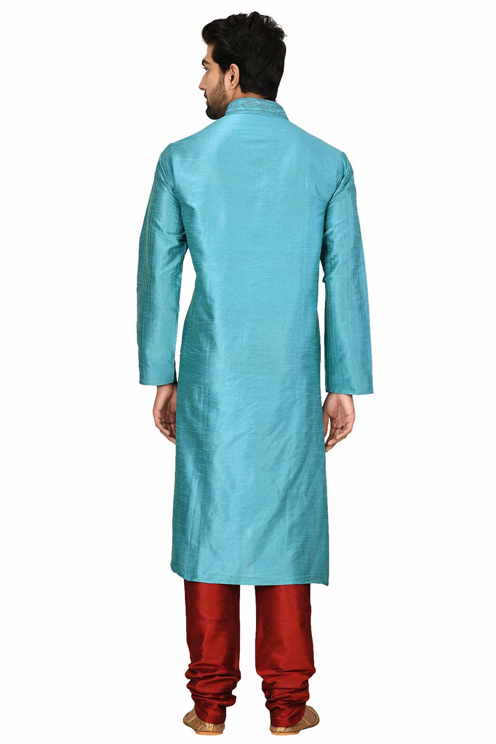 Men's Turquoise Cotton Embroidered Full Sleeve Kurta Churidar