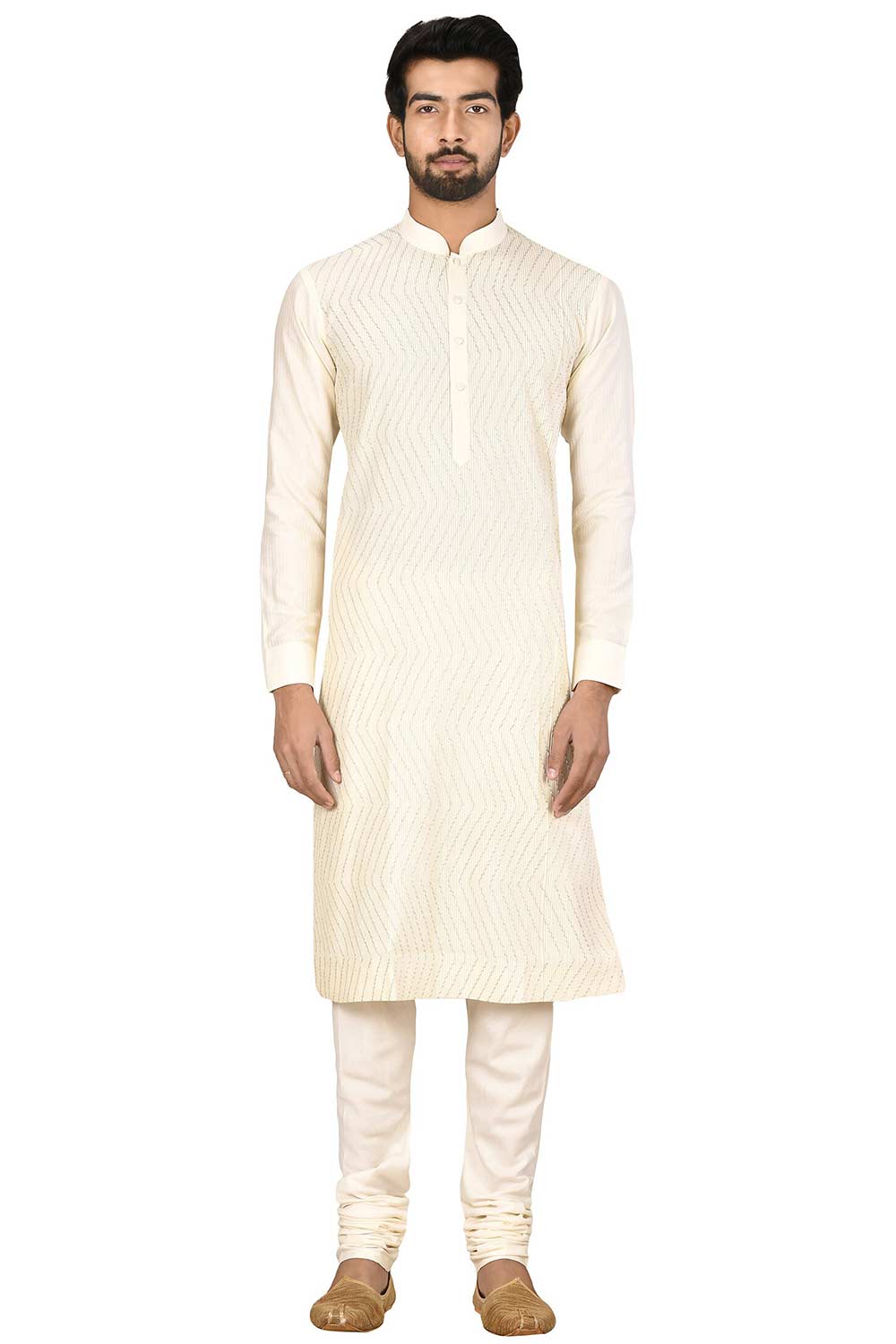 Men's Cream Silk Embroidered Full Sleeve Kurta Churidar