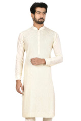 Men's Cream Silk Embroidered Full Sleeve Kurta Churidar