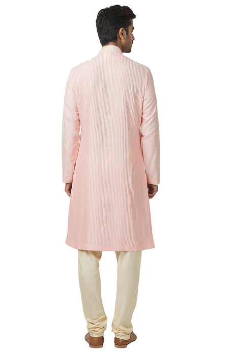 Men's Light Pink Cotton Embroidered Full Sleeve Kurta Churidar