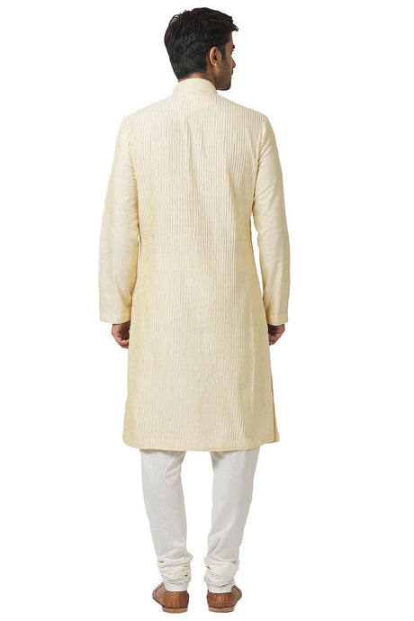 Men's Beige Cotton Embroidered Full Sleeve Kurta Churidar