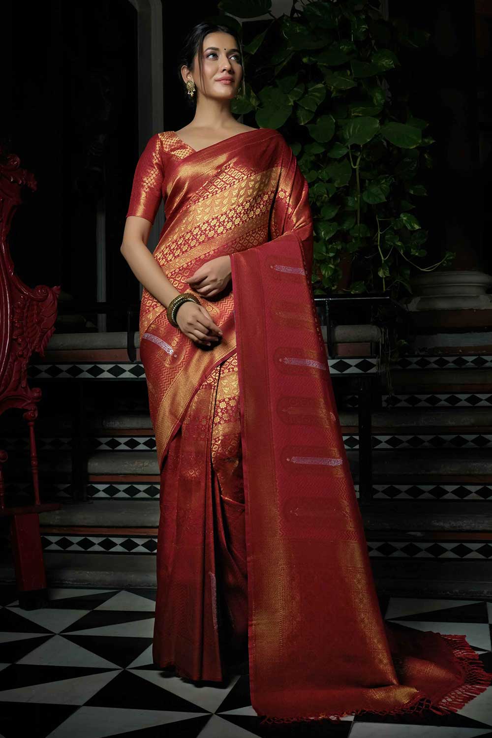 Scarlet Red Art Silk Woven Saree