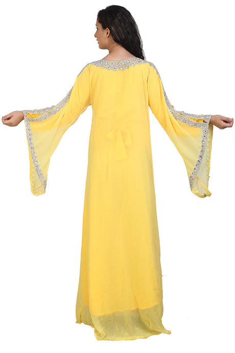 Buy Georgette Embellished Kaftan Gown in Yellow Online - Back