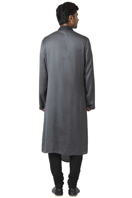 Men's Grey Cotton Embroidered Full Sleeve Kurta Churidar