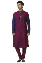 Men's Blue Silk Embroidered Full Sleeve Kurta Churidar