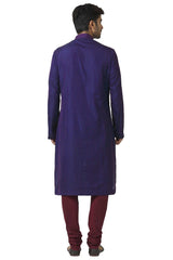 Men's Blue Silk Embroidered Full Sleeve Kurta Churidar