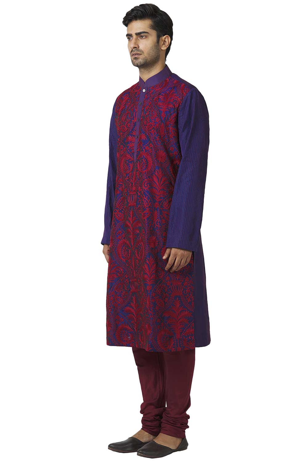 Men's Blue Silk Embroidered Full Sleeve Kurta Churidar