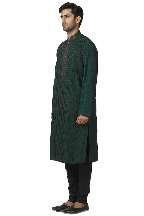 Men's Green Cotton Embroidered Full Sleeve Kurta Churidar