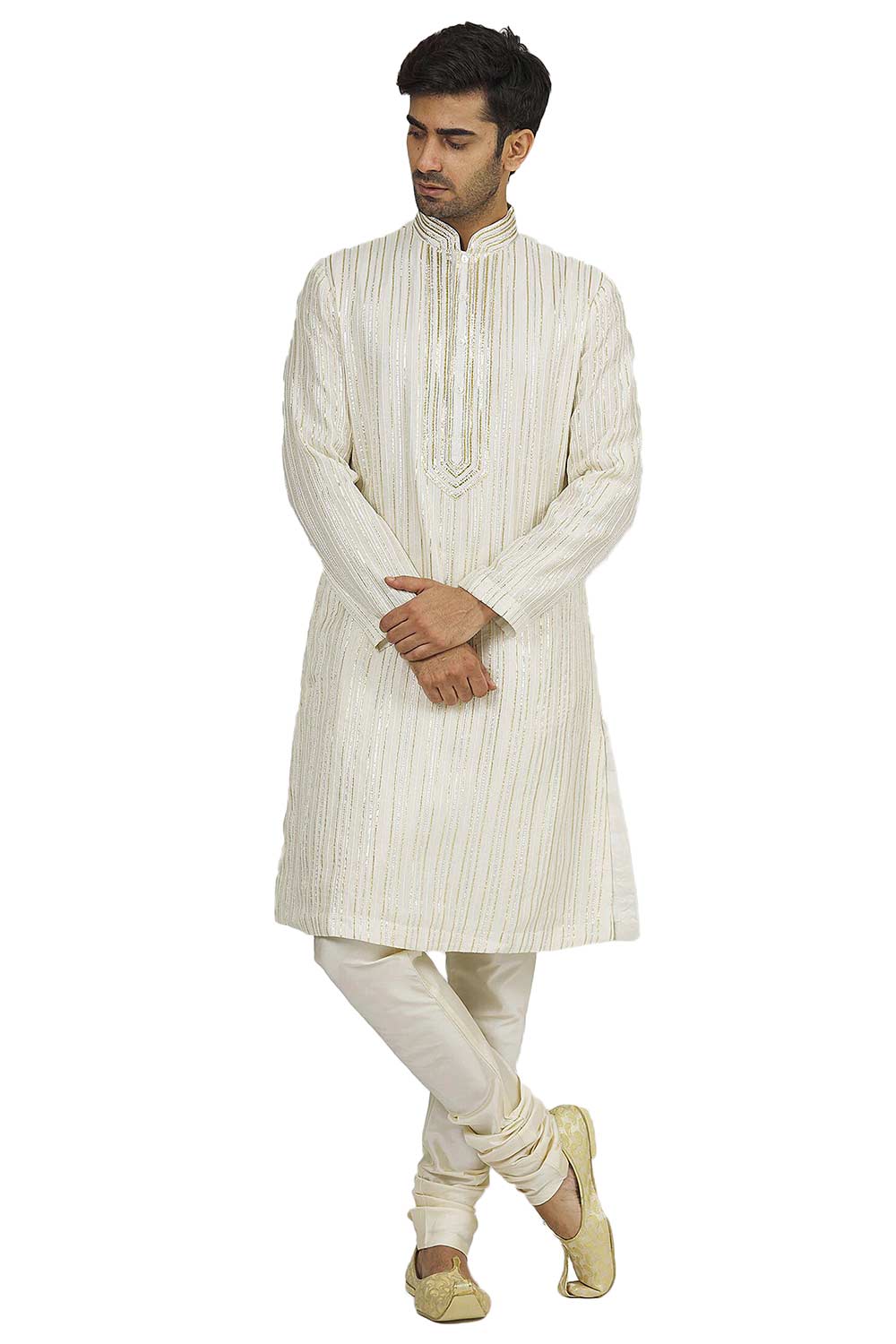 Men's Cream Silk Embroidered Full Sleeve Kurta Churidar