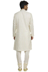 Men's Cream Silk Embroidered Full Sleeve Kurta Churidar