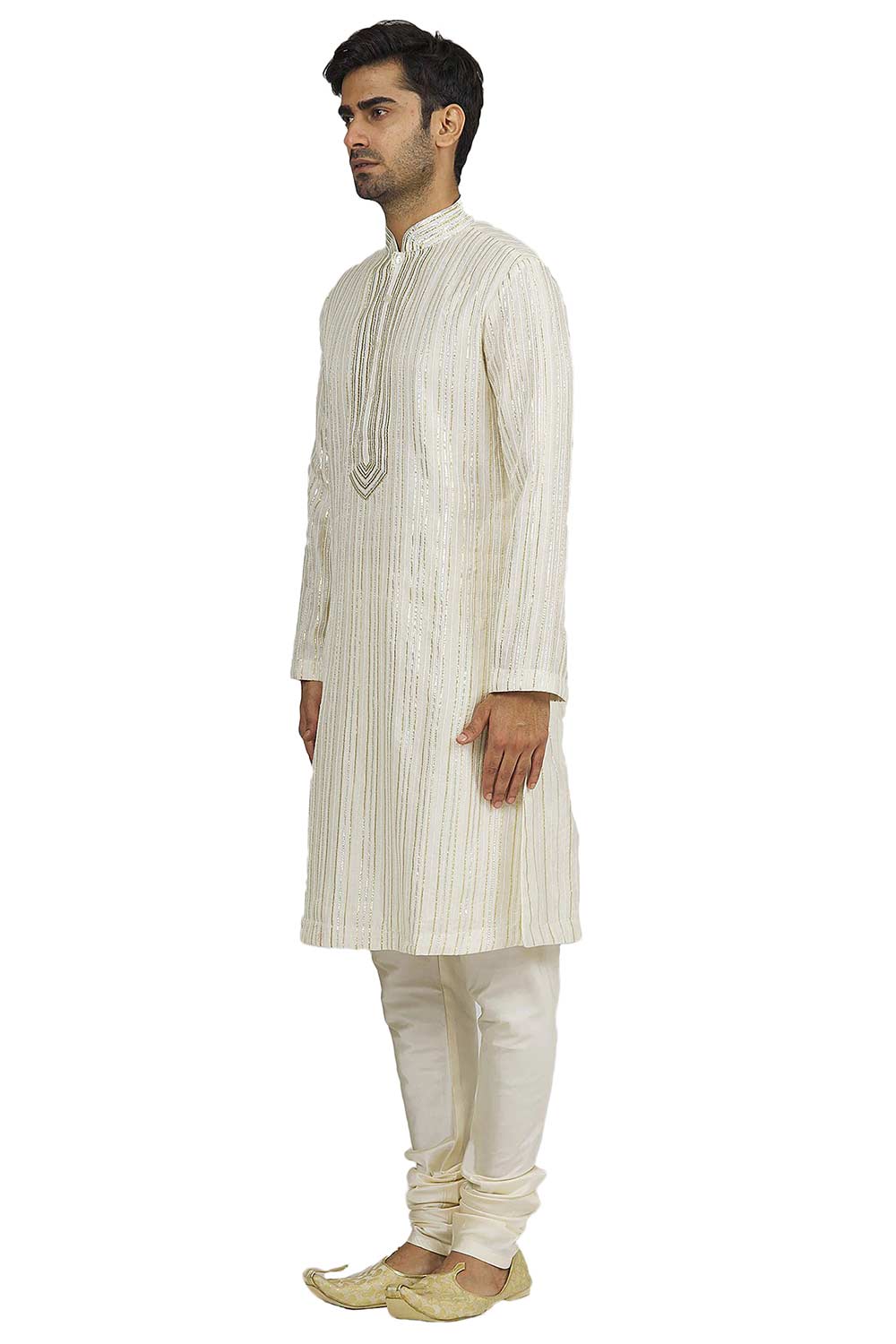 Men's Cream Silk Embroidered Full Sleeve Kurta Churidar