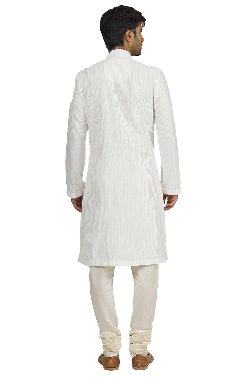 Men's White Silk Embroidered Full Sleeve Kurta Churidar