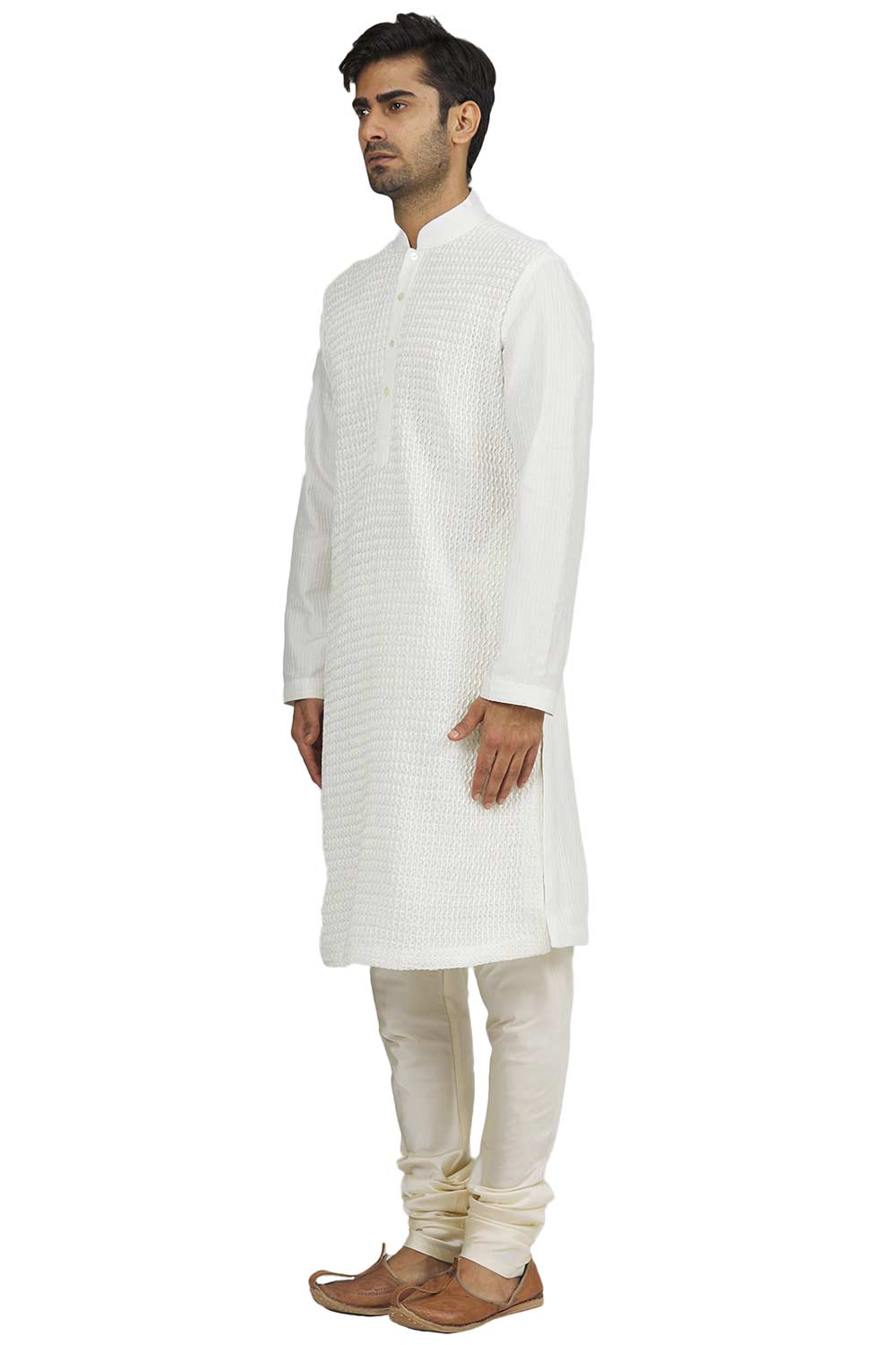 Men's White Silk Embroidered Full Sleeve Kurta Churidar