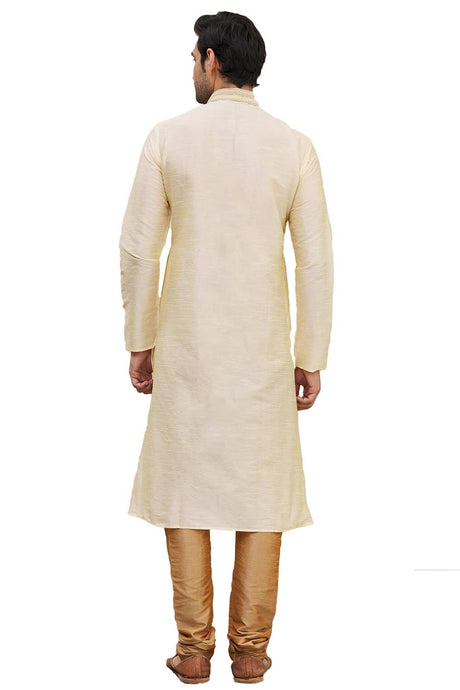 Men's Beige Cotton Embroidered Full Sleeve Kurta Churidar