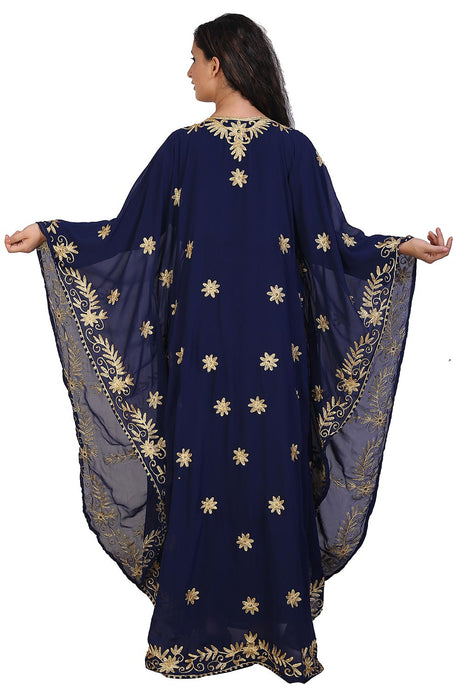 Buy Georgette Embroidered Kaftan Gown in Navy Blue Online - Back